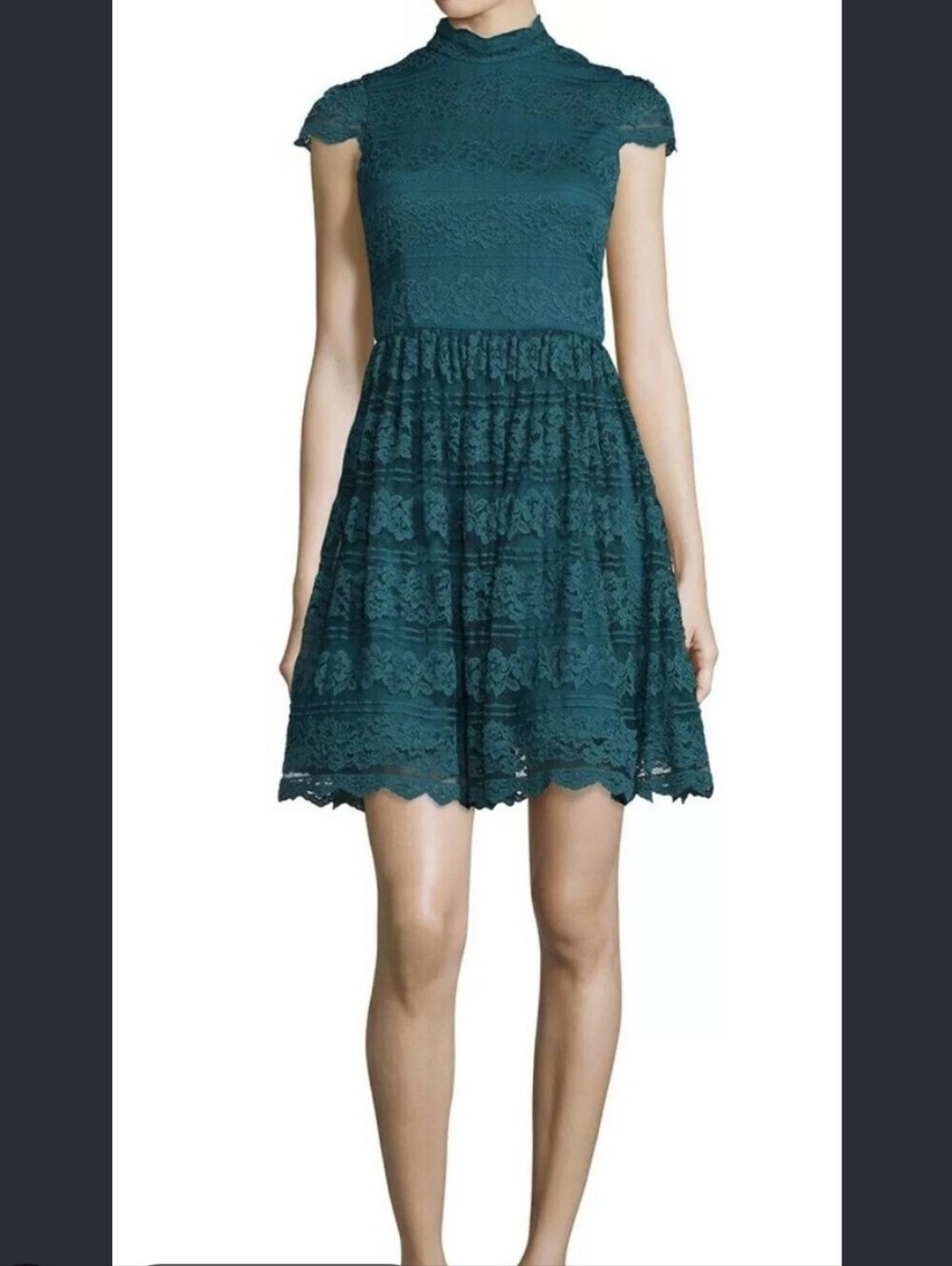 Alice + Olivia Maureen Fit Flare Lace Open Back Dress Turquoise Size 8 (Flaw)